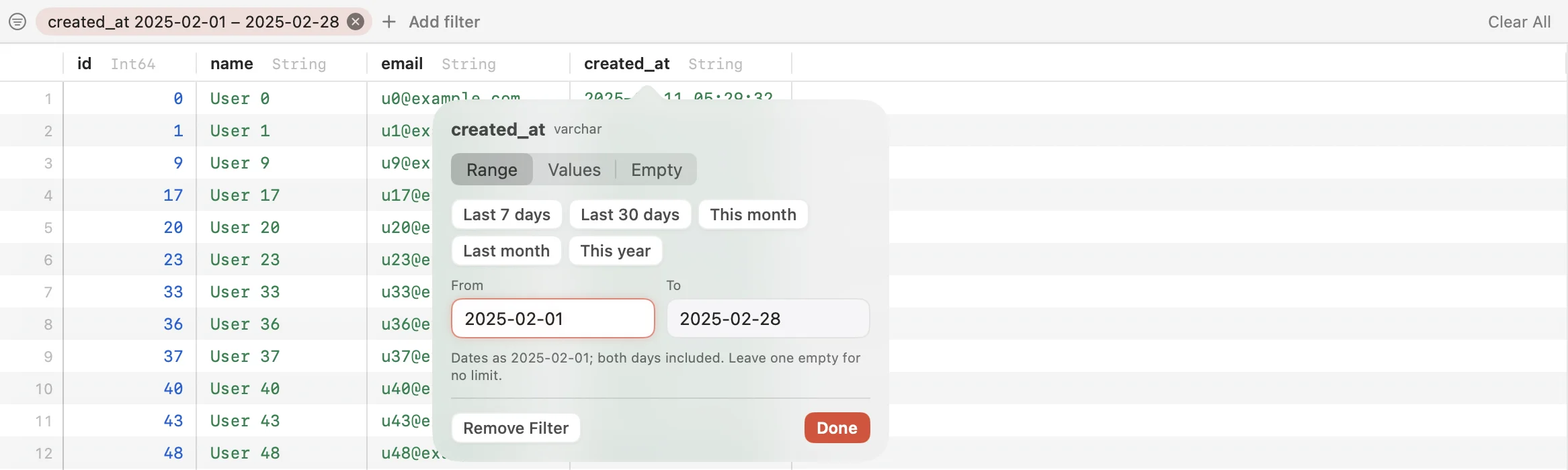 A date range filter for February 2025 on a users table, set from a column's filter menu with quick picks like Last 30 days.