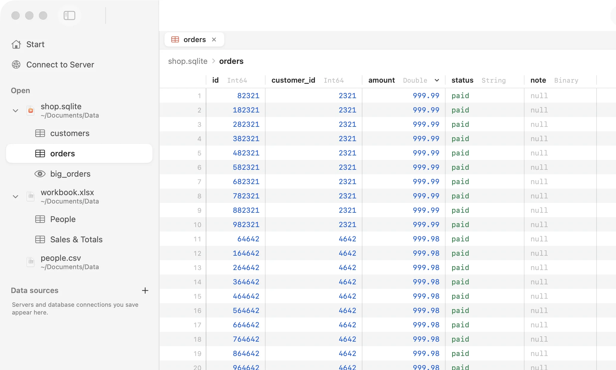 Rowie's sidebar listing a SQLite database, an Excel workbook and a CSV file, with the database's tables open beneath it.