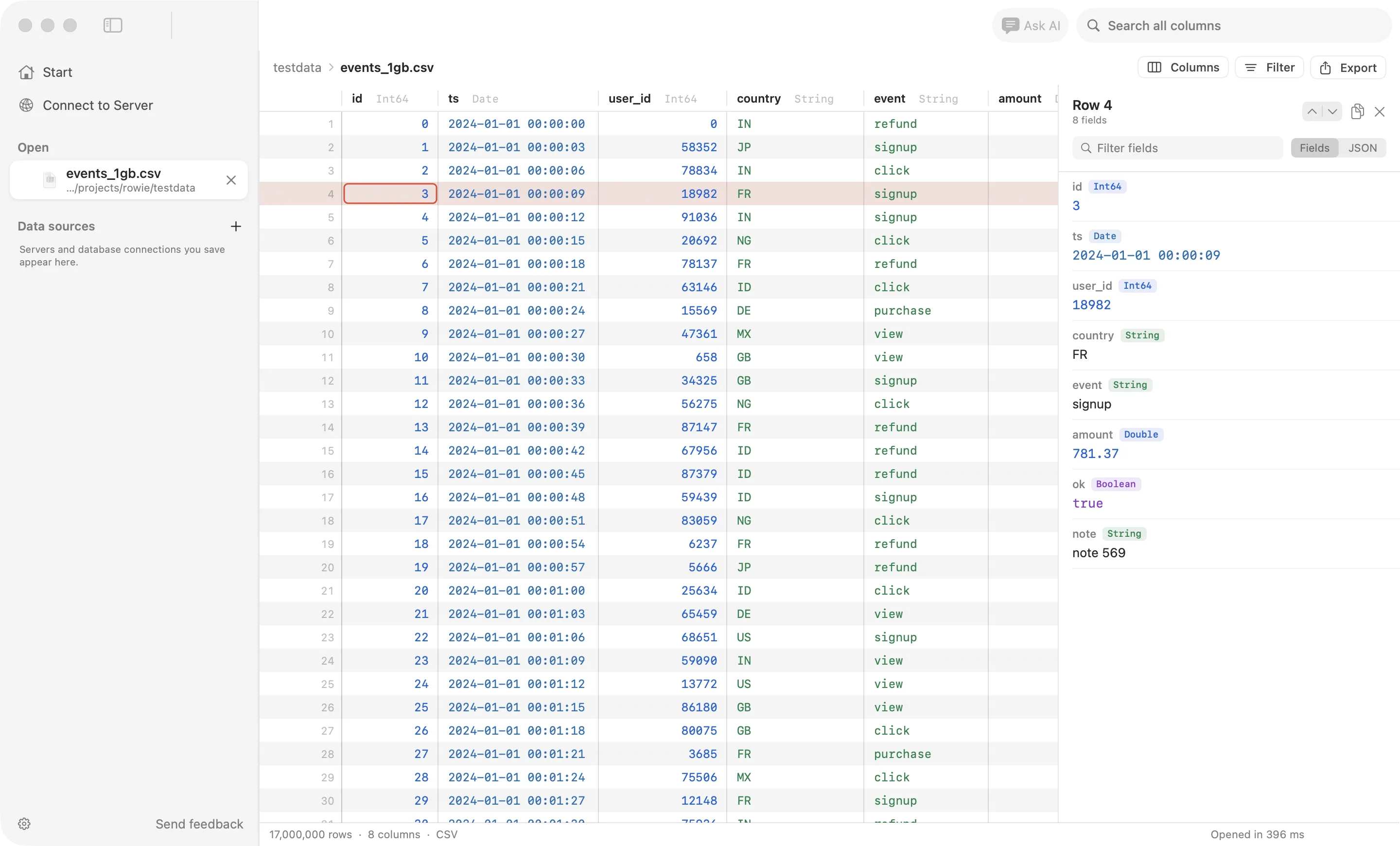 Rowie showing a 1 GB CSV file with 17 million rows. Each column shows its type, values are coloured by type, and the selected row's fields are listed in the inspector.
