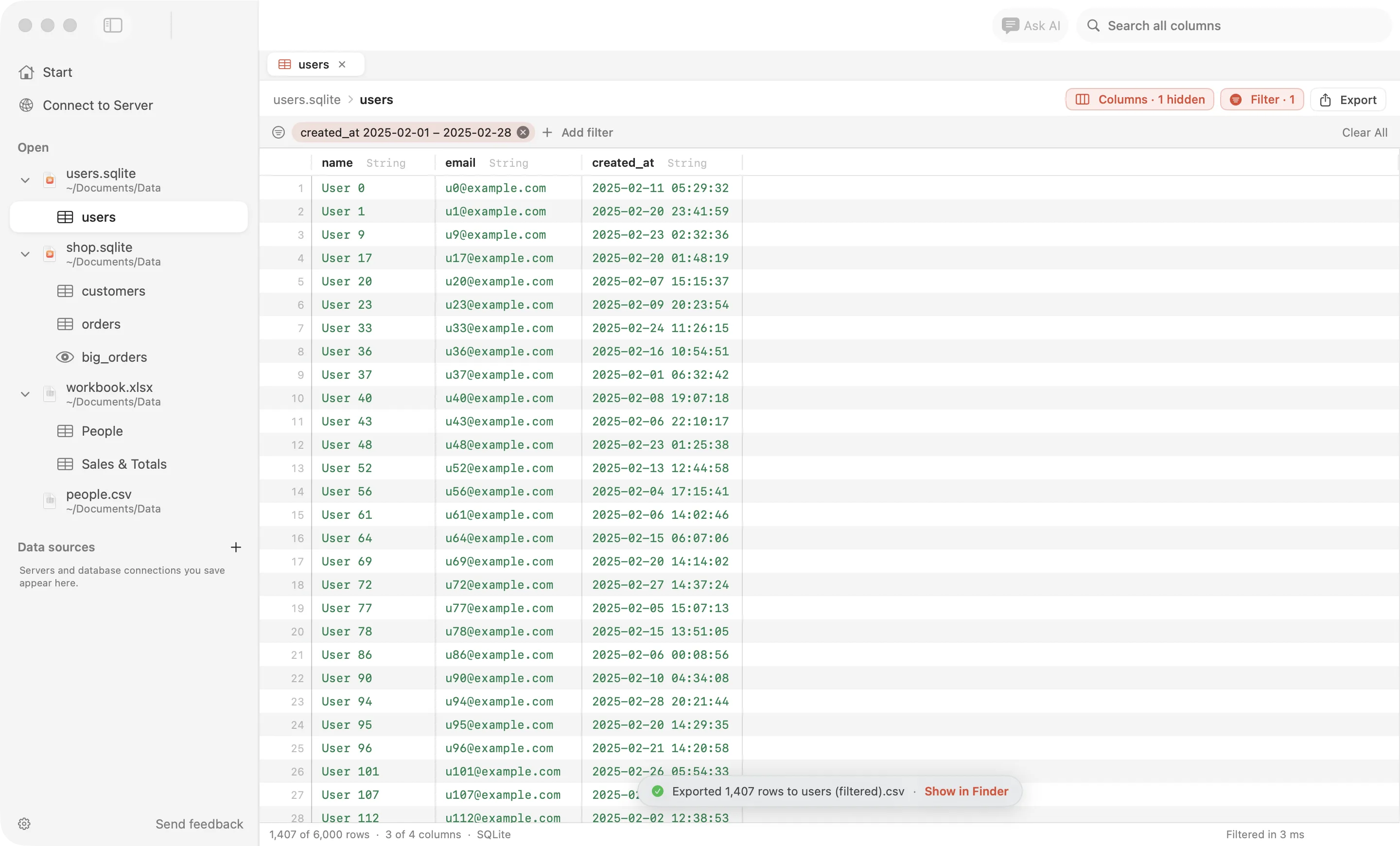 A users table filtered to February 2025 with one column hidden, showing 1,407 of 6,000 rows, and a message saying 1,407 rows were exported to users (filtered).csv, with Show in Finder.