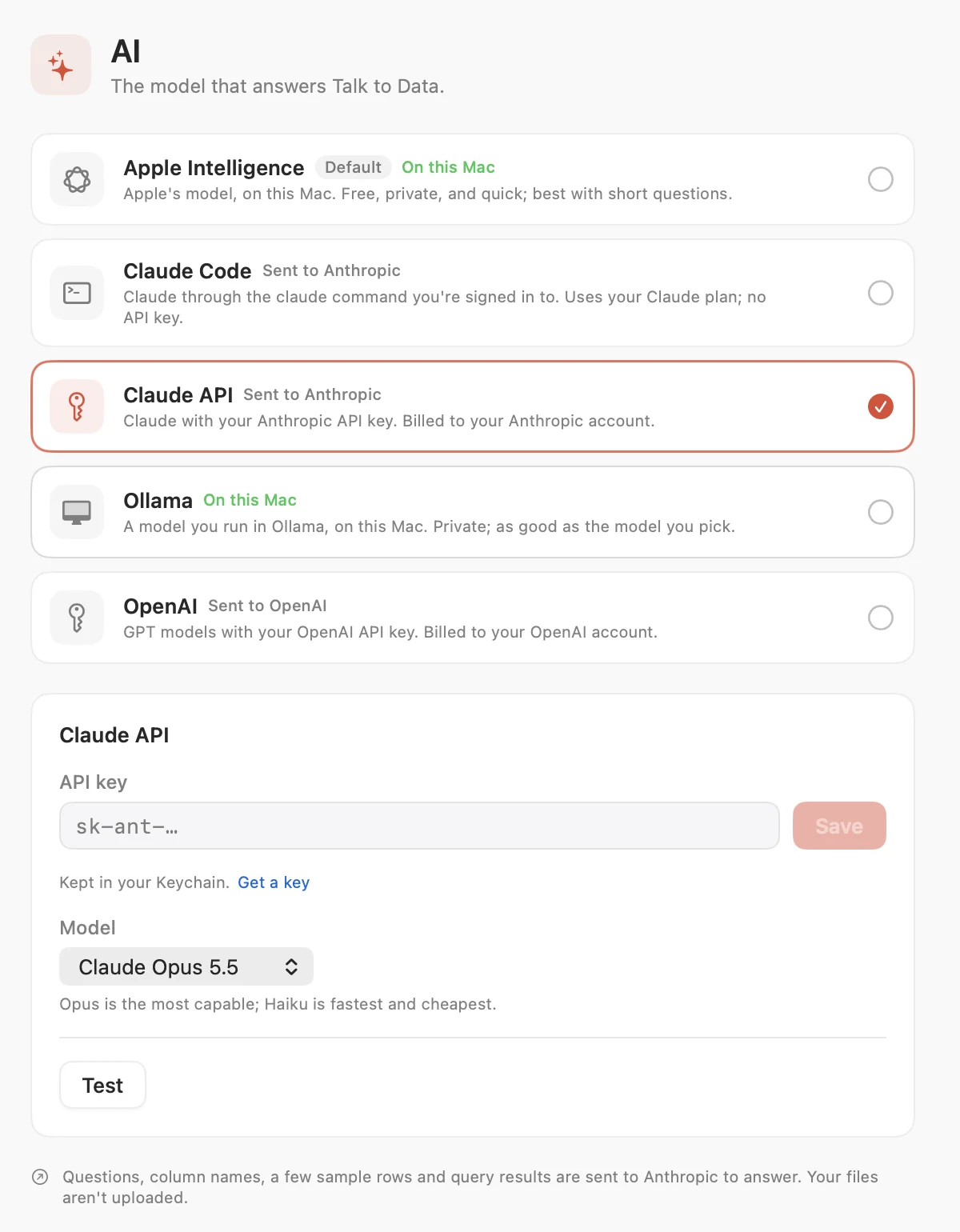 Rowie's AI settings: Apple Intelligence, Claude Code, Claude API, Ollama and OpenAI to choose from, with Claude by API key selected and its key field and model menu below.